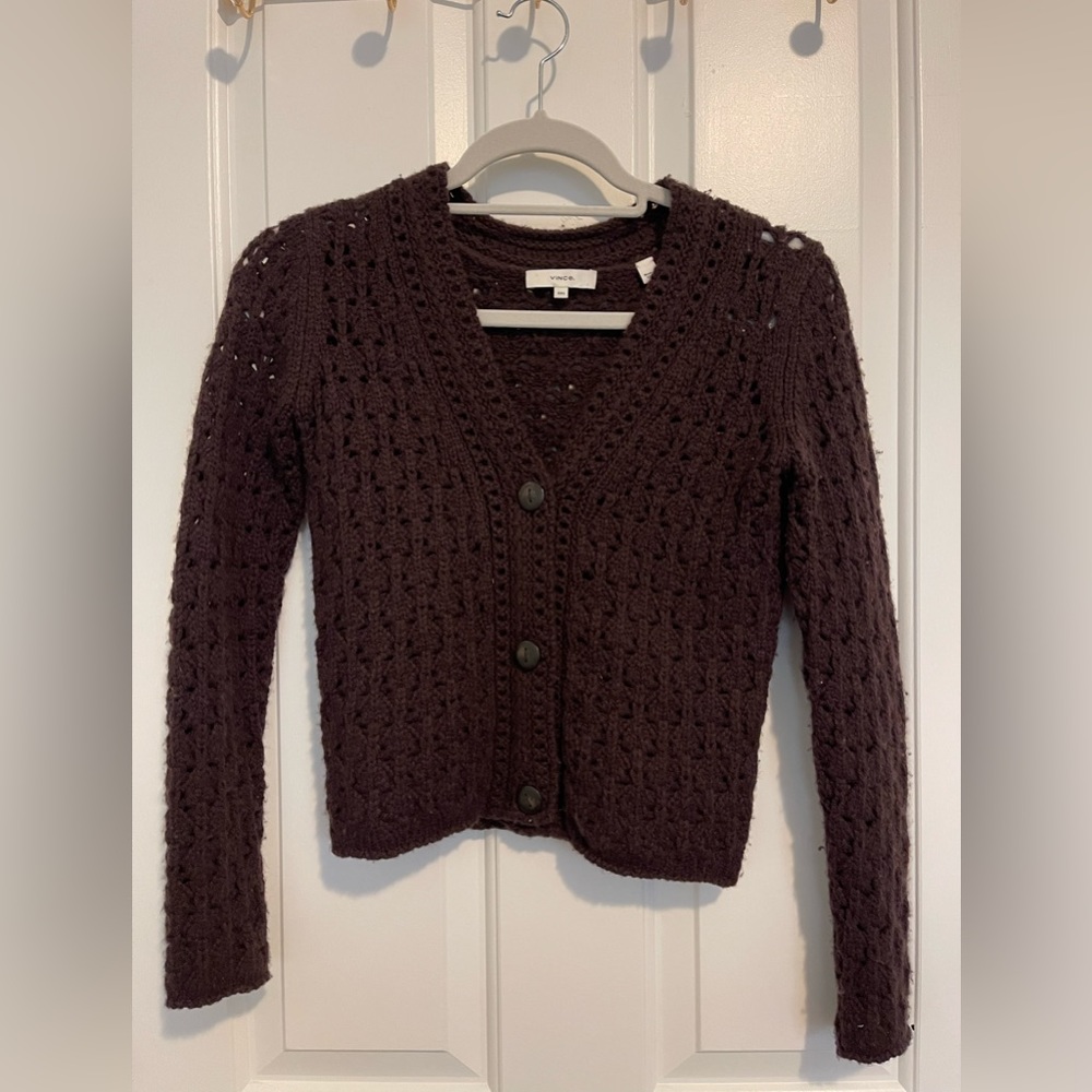 Vince crochet wool blend cashmere cardigan plum wine XXS - Picture 9 of 13